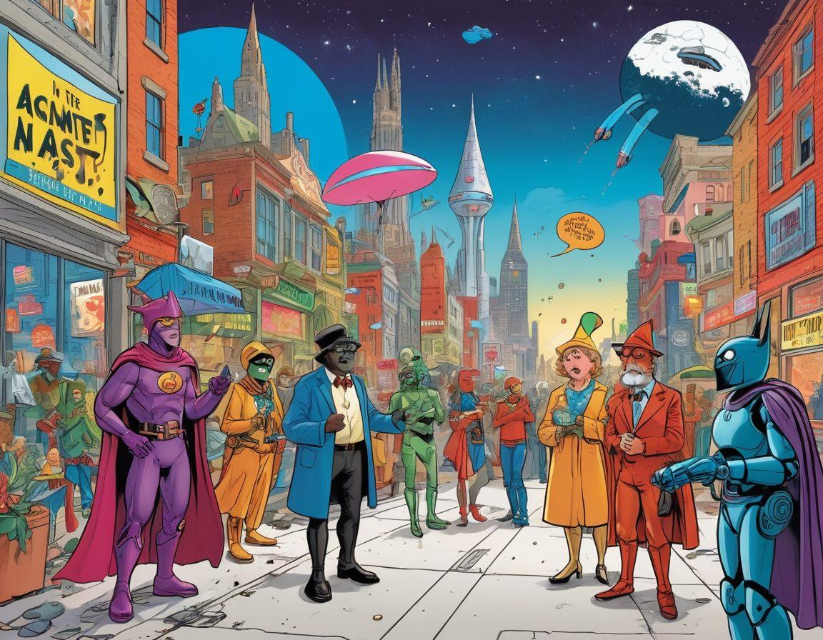 A whimsical collage featuring various geeky characters engaging in comedic scenarios, such as a wizard casting a 'pun'-ishing spell, robots telling jokes to confused aliens, and superheroes in funny slapstick moments. The background should be a vibrant comic book style cityscape filled with colorful speech bubbles containing puns and gags. The characters should be exaggerated and cartoonish, creating a light-hearted and fun atmosphere. cartoon style. vibrant colors. white background.