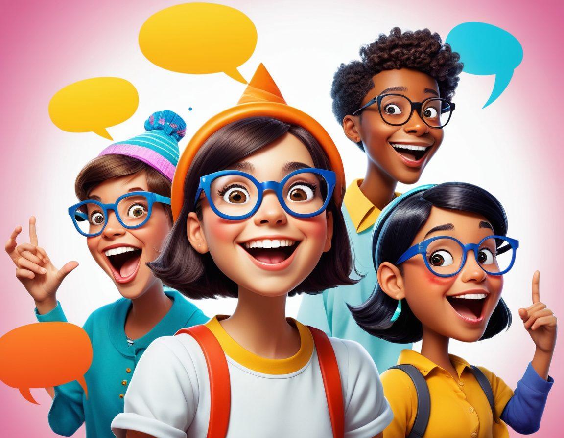 A whimsical scene featuring a diverse group of nerdy characters, including a girl with quirky glasses, a robot, and a wizard, all laughing heartily while surrounded by floating speech bubbles filled with playful jokes and puns. The background showcases comic book pages and retro video game elements, creating a vibrant, colorful atmosphere. Incorporate bright, cheerful colors to evoke a lighthearted ambiance. cartoon style. vibrant colors. white background.