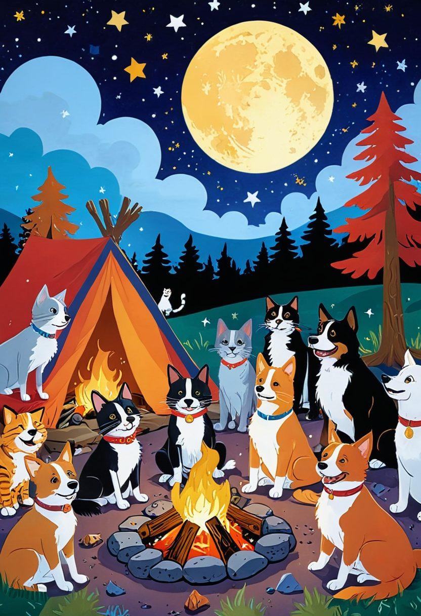 A whimsical mashup of funny cartoon characters sharing laughable anecdotes around a colorful campfire. Incorporate speech bubbles filled with quirky memes and quotes about laughter. Include playful animals, like a laughing dog and a silly cat, to enhance the humor. The background should be a vibrant, starry night sky, emphasizing a cheerful and light-hearted atmosphere. cartoon style. vibrant colors. whimsical.
